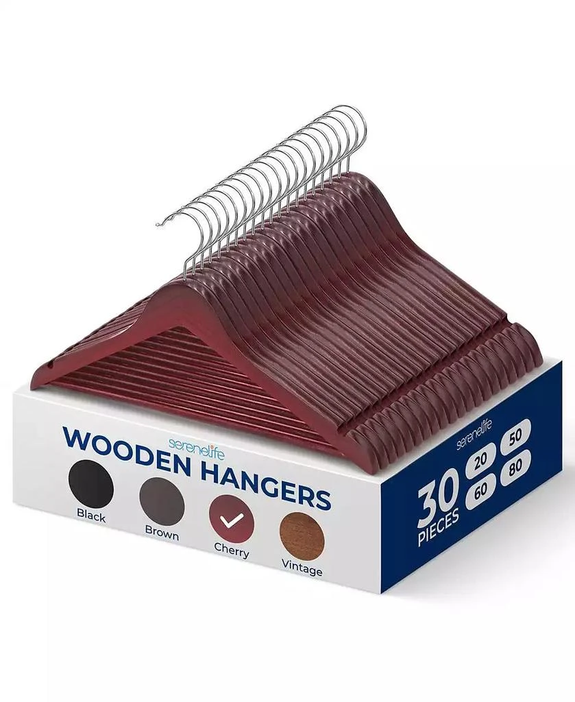 SereneLife 30 Pack Wooden Coat Hangers – Durable Suit Hangers with 360° Swivel Hook 
Notches – Slim Design for Shirts, Jackets, Dresses, and More