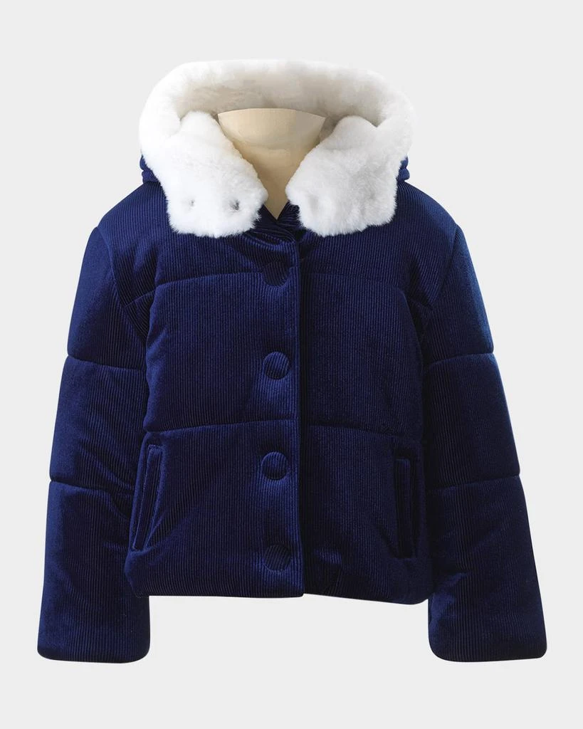 Rachel Riley Girl's Faux Fur Trim Ribbed Hooded Puffer Jacket, Size 2-10 1
