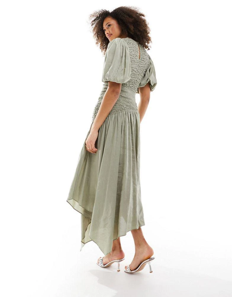 & Other Stories & Other Stories linen blend asymmetric hem midi dress with ruche bodice and volume sleeves in green 2
