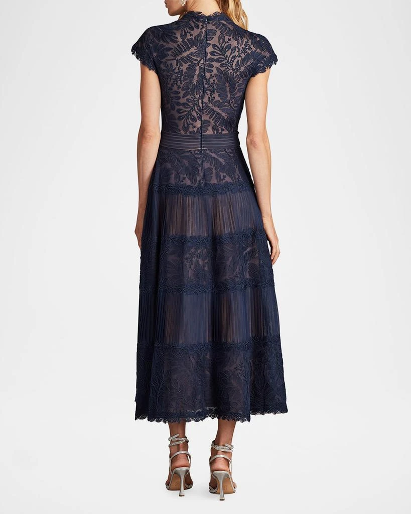 knee length dresses for ladies Tadashi Shoji Embroidered Lace Tiered Midi Dress in Royal Navy