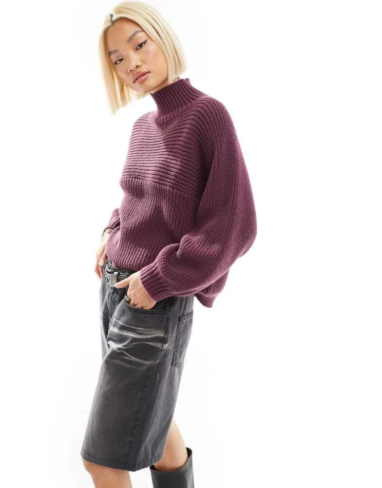Monki Monki Libby high neck knitted rib jumper in burgundy 1