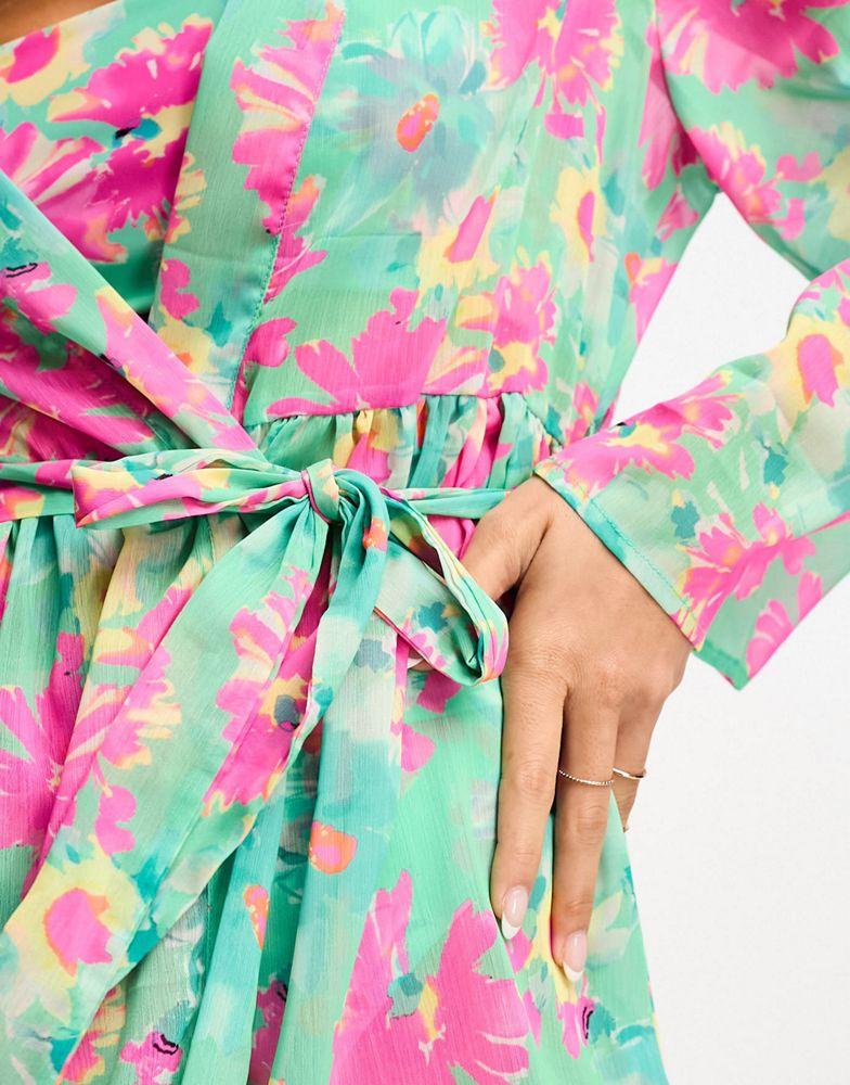 Brave Soul Brave Soul beach kimono with tie belt in green and pink floral print