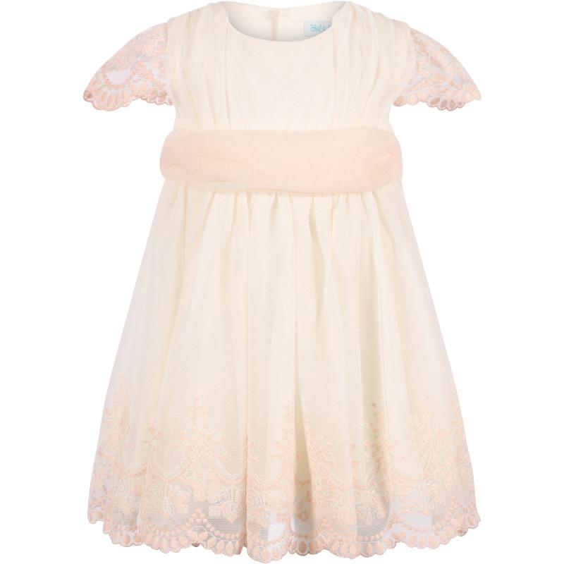 Abel & Lula Embroidered tulle dress with bloomer with scalloped hem in cream and pink