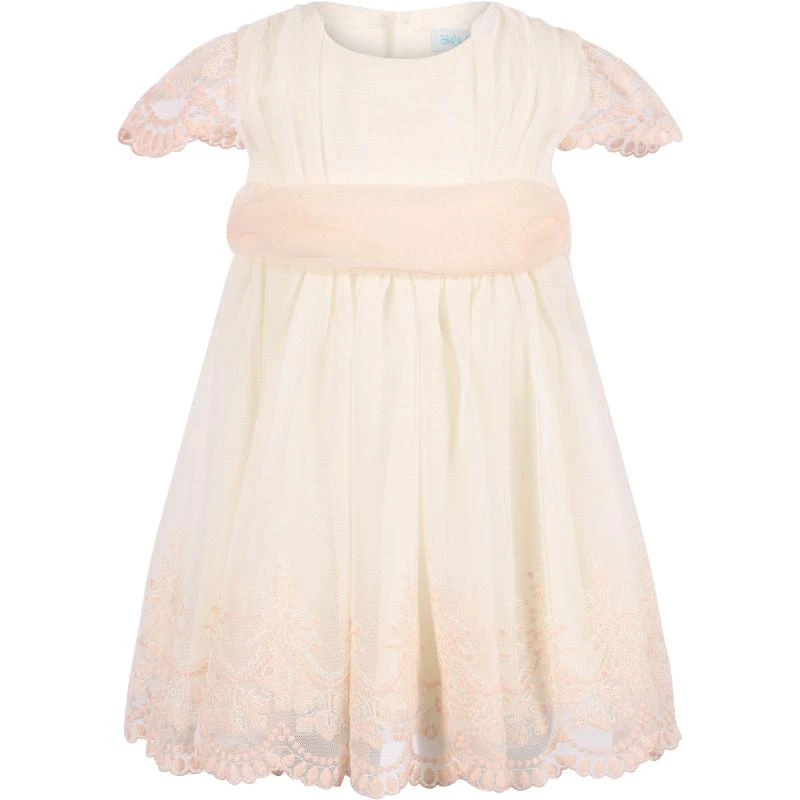 Abel & Lula Embroidered tulle dress with bloomer with scalloped hem in cream and pink 2