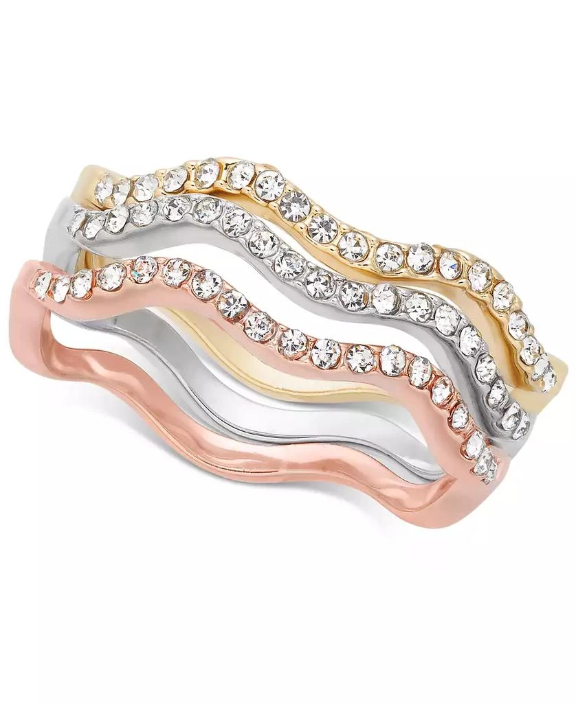 Charter Club Tri-Tone Silver, Gold Plated, 18K Rose Gold Plated 3-Pc. Set Pavé Wavy Rings, Created for Macy's 1