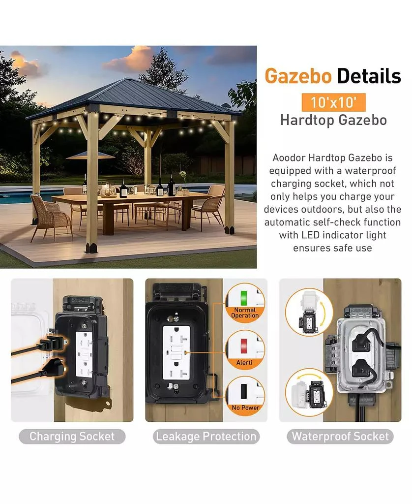 Aoodor 10 x 10 ft Wooden Frame Gazebo with Galvanized Metal Hardtop Roof, Outdoor Patio Gazebo with Charging Socket 5