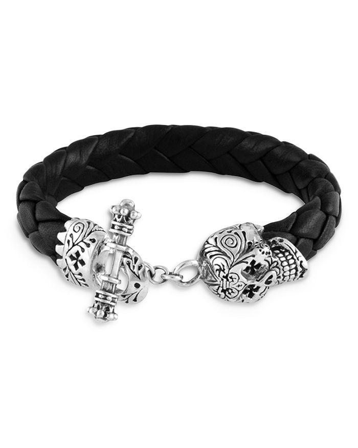King Baby Men's Sterling Silver Sugar Skull Woven Leather Bracelet