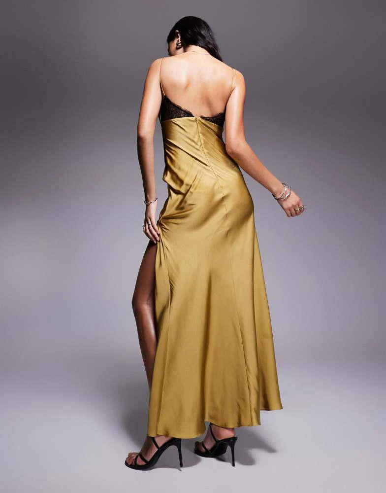 ASOS ASOS DESIGN lace detail satin bias maxi dress in olive green 2