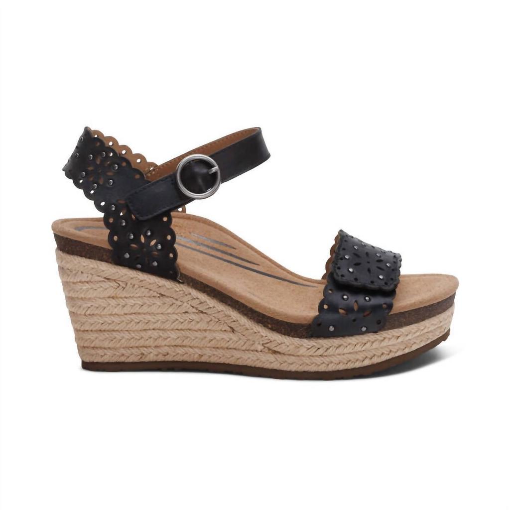 Aetrex Women's Sydney Quarter Strap Espadrille Wedge In Black