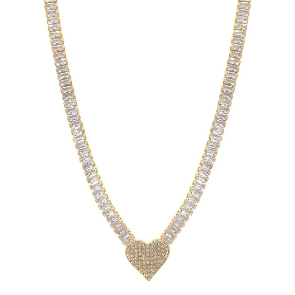 ADORNIA 17.5" Baguette Tennis Necklace 14K Gold Plated with Pave Heart Pendant 1