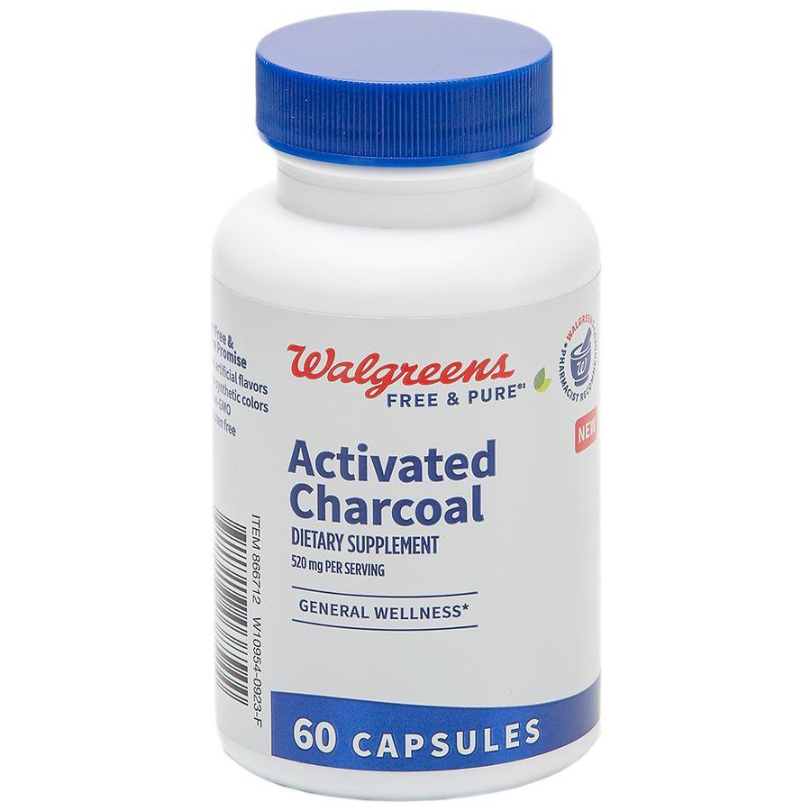 Walgreens Free & Pure Activated Charcoal Supplement 520 mg Capsules for General Wellness (30 days)