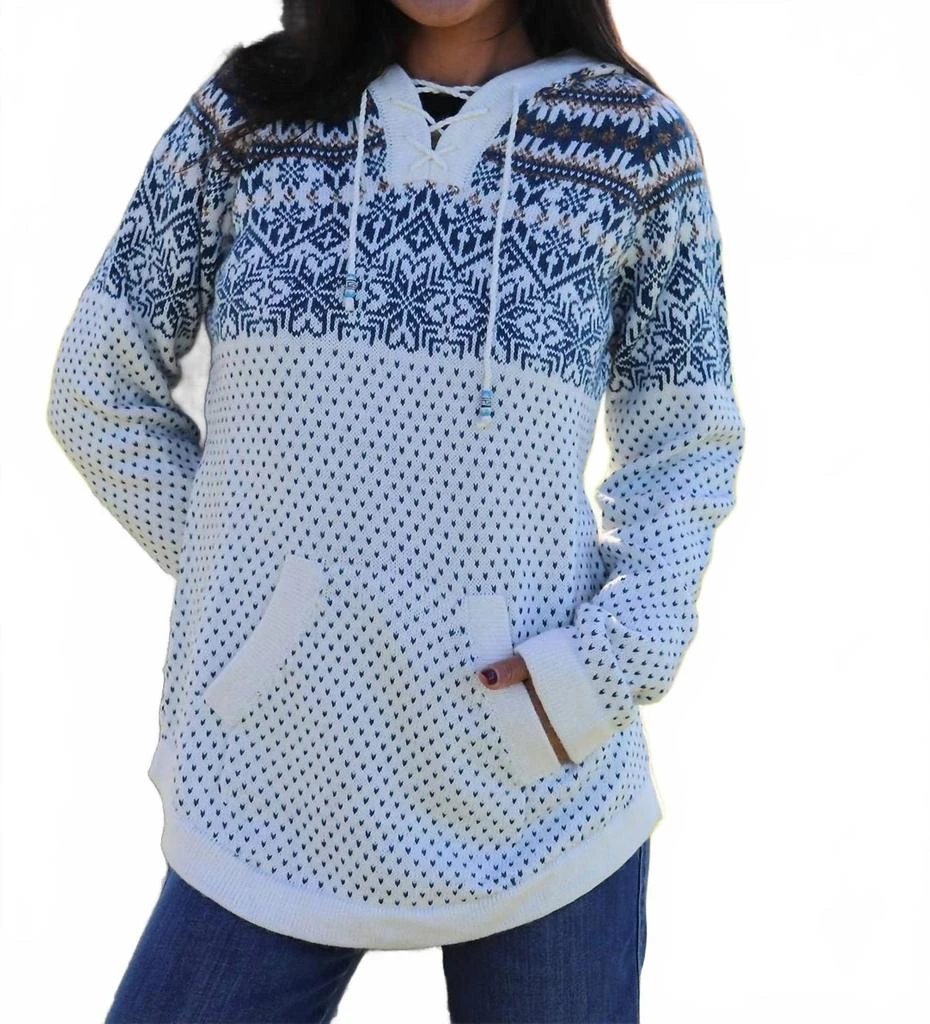 Artesania Hooded Alpaca Sweater In Snowflake Ivory/blue