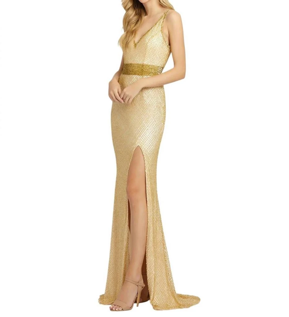Mac Duggal Lattice Textured High Slit Long Gown In Gold 1