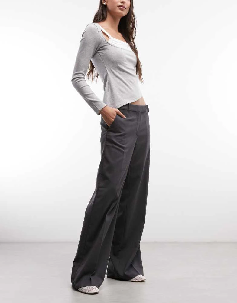 Monki Monki mid waist wide leg tailored trousers in dark grey 2