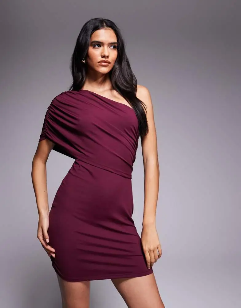 ASOS ASOS DESIGN one shoulder draped mini dress in burgundy