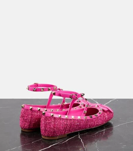 Valentino Rockstud leather-trimmed bouclé ballet flats 3