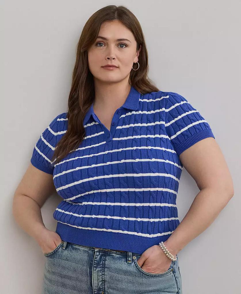 Ralph Lauren Plus Size Striped Cable-Knit Cotton Polo Sweater