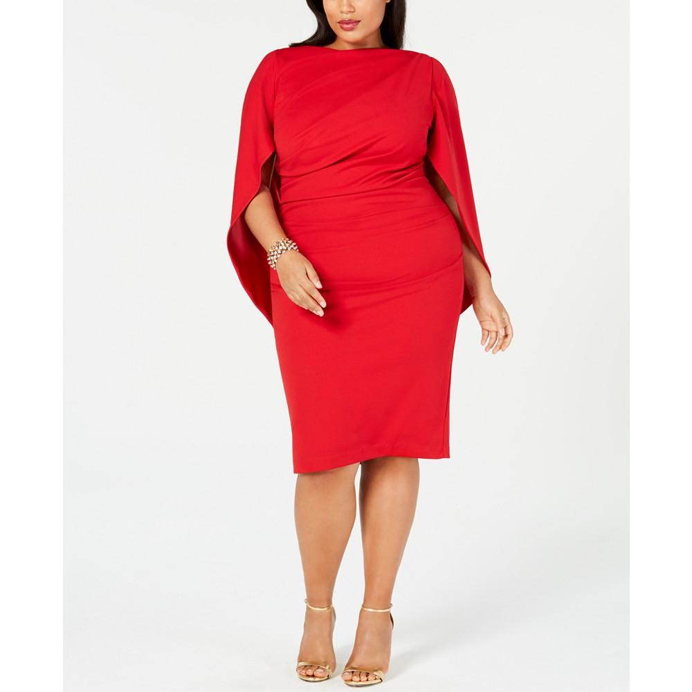 Betsy & Adam Plus Size Ruched Cape Dress