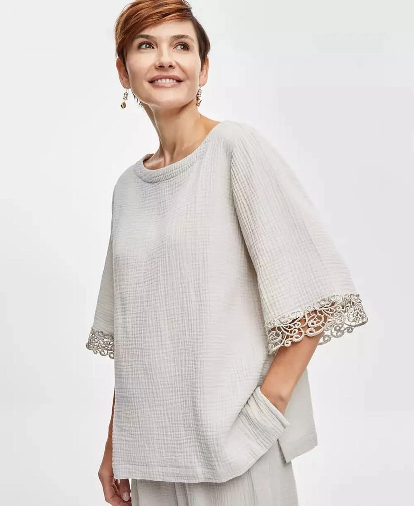JM Collection Women's Boat-Neck 3/4-Sleeve Gauze Top, Created for Macy's 2