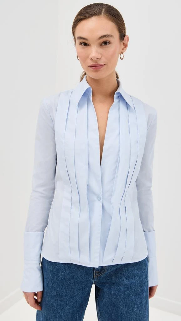 LaQuan Smith Fitted Button Down with Peplum and Pleated Shoulder with Exagerated Cuff 6