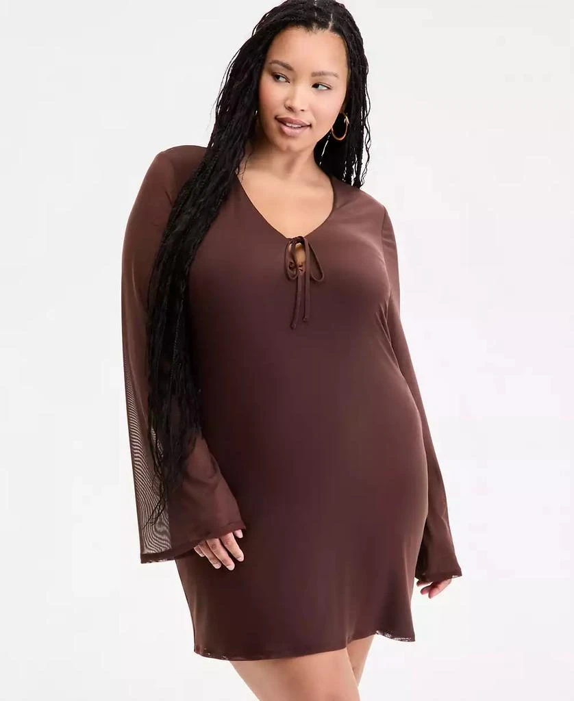 Bar III Plus Size Long-Sleeve Solid-Mesh Mini Dress, Exclusively at Macy's 2