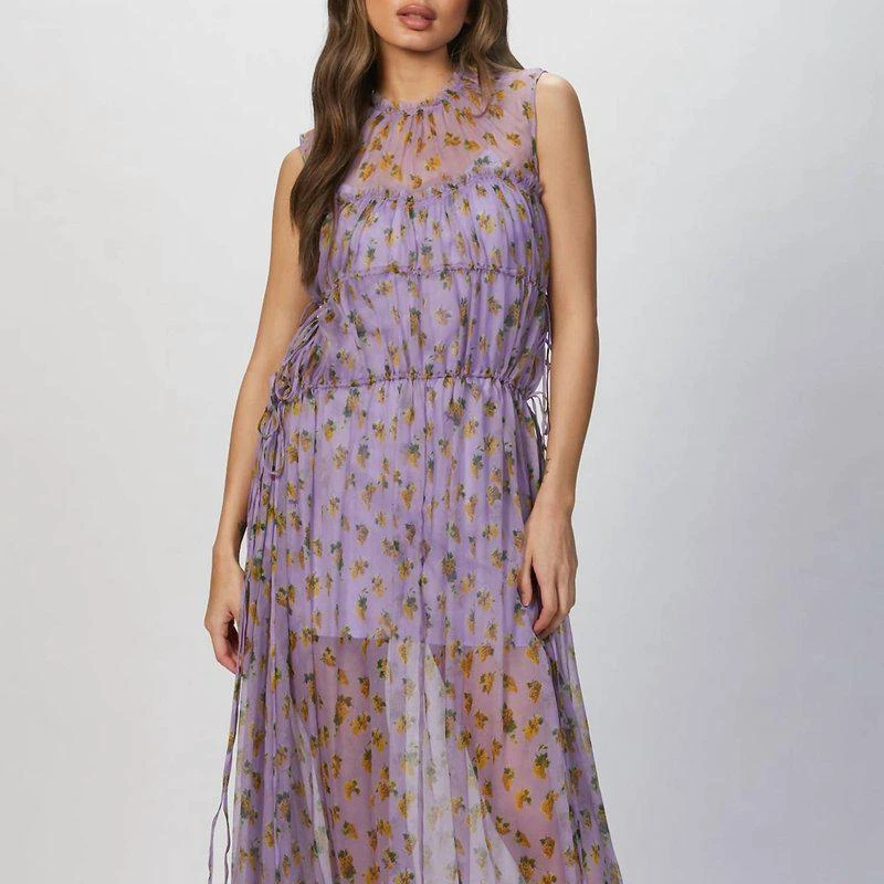 MSGM Floral Print Tiered Silk Dress In Lilac 1