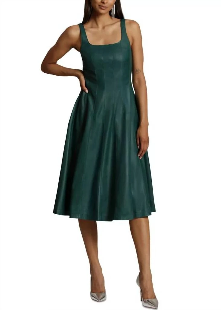 7 For All Mankind Faux Leather Square Neck Sleeveless Midi Dress In Green 1
