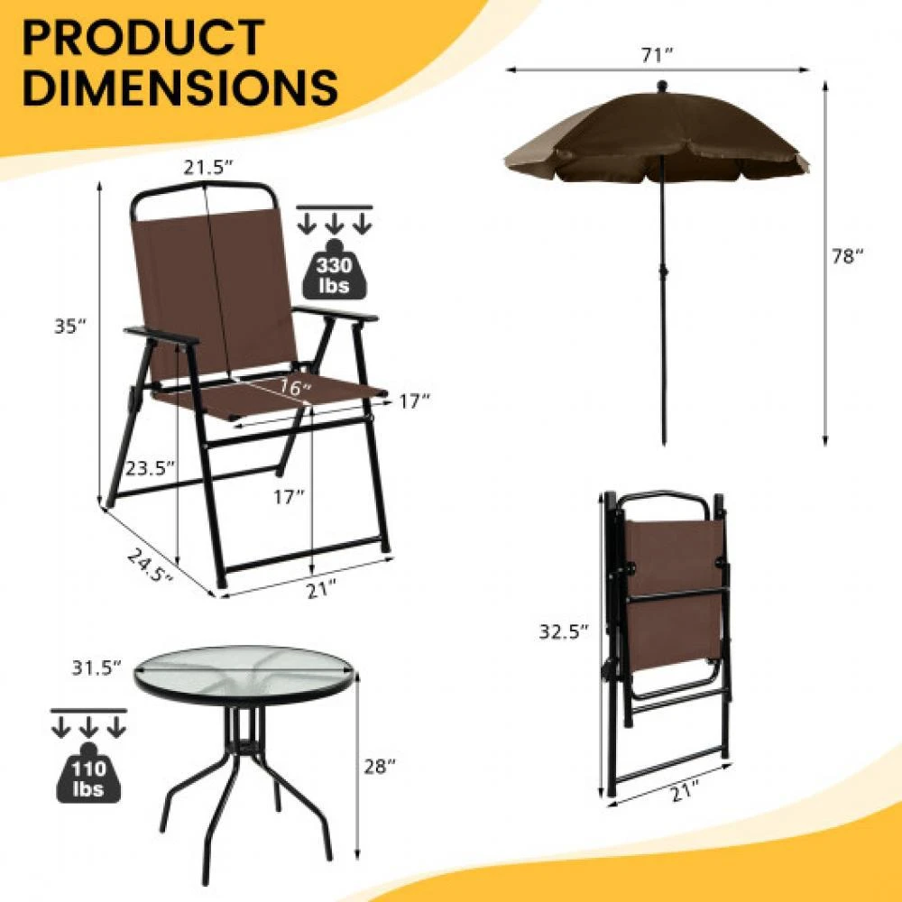 Hivvago 6 Pieces Patio Dining Set Folding Chairs Glass Table Tilt Umbrella for Garden-Coffee 4