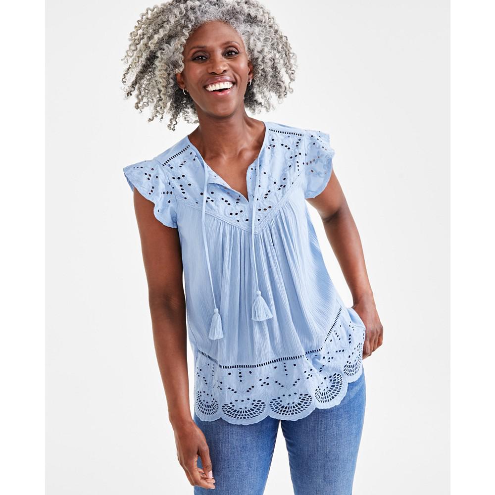 Style & Co Women's Mixed-Media Lace-Trimmed Top, Created for Macy's