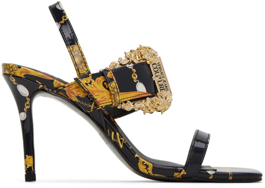 Versace Jeans Couture Black & Gold Emily Baroque Heeled Sandals