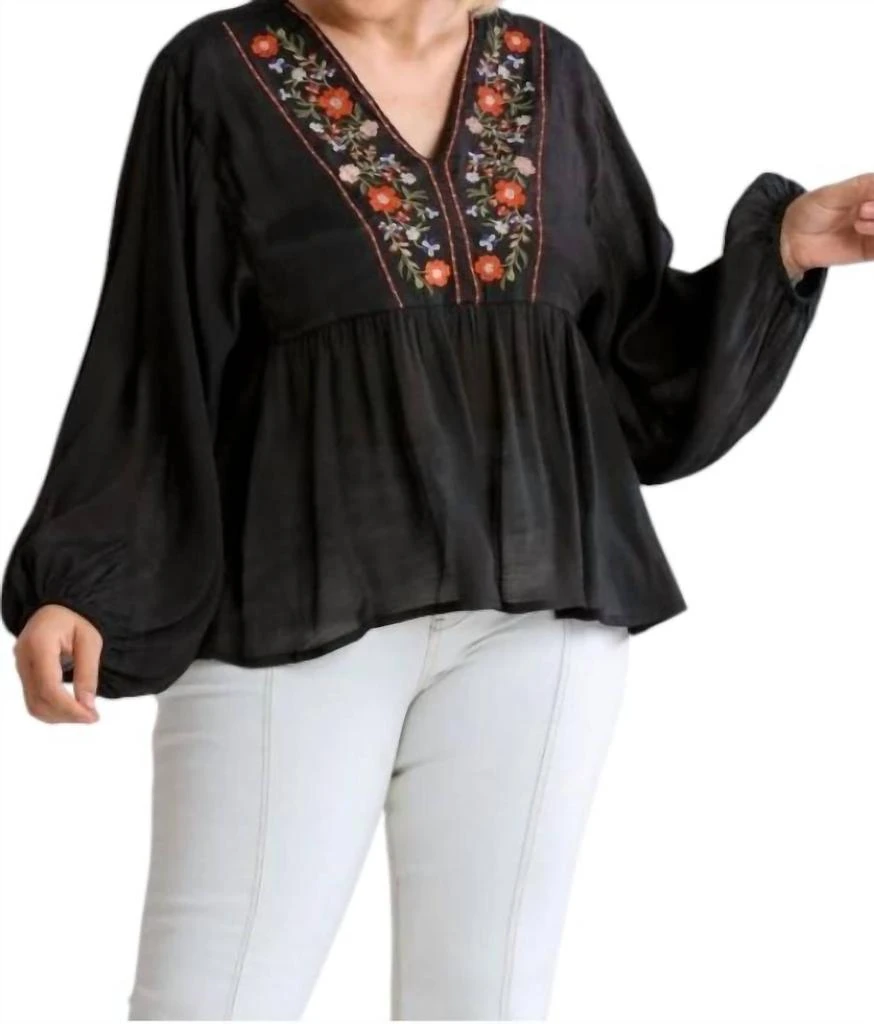 umgee Floral Embroidered Top - Plus In Black 1
