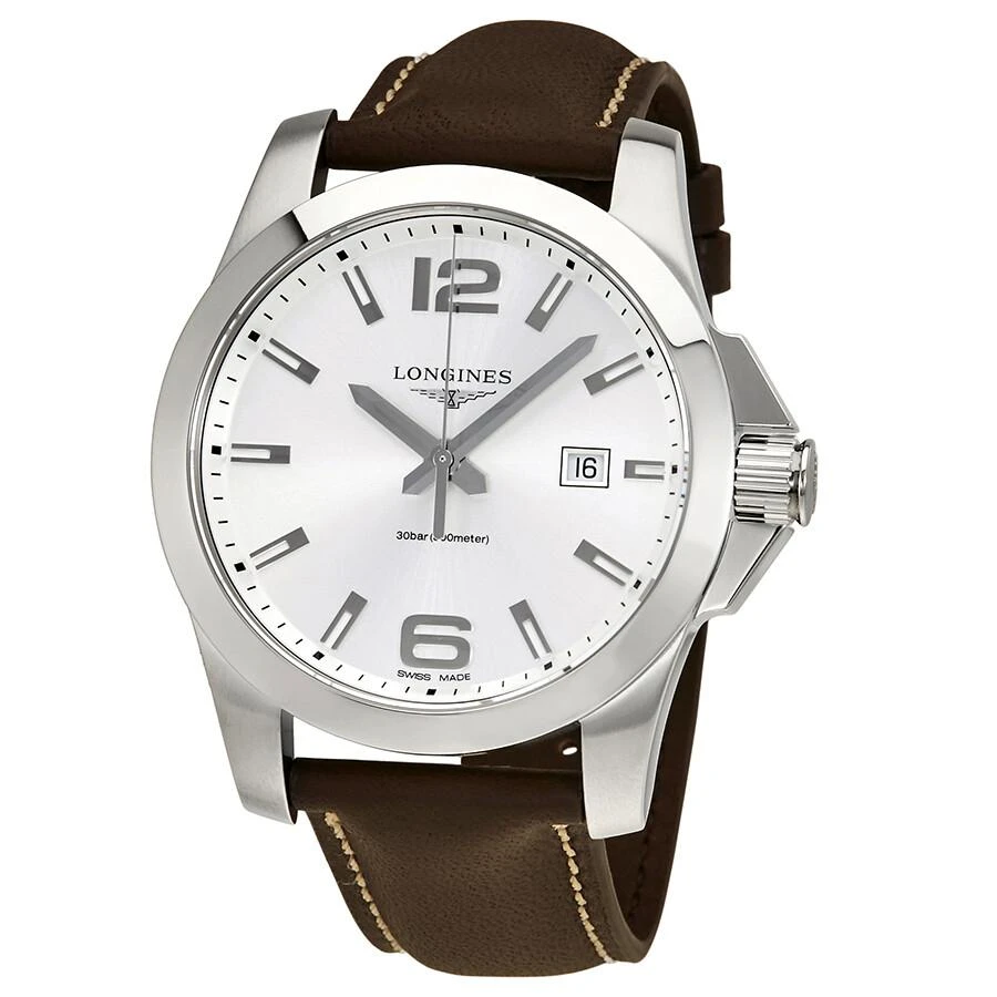 Longines Conquest Silver Dial Brown Leather Men's 43mm Watch L37604765 1