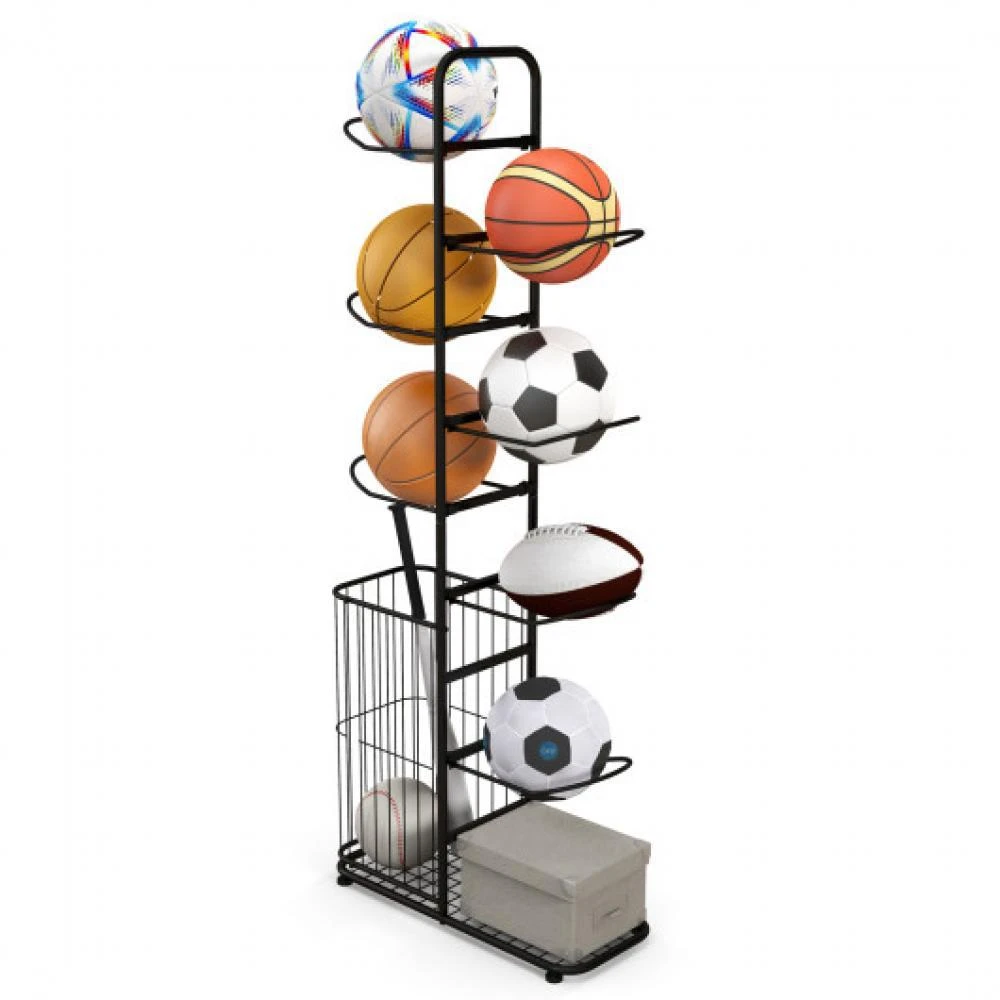 Hivvago Metal Basketball Holder with 7 Removable Hanging Rods and Side Ball Basket 4