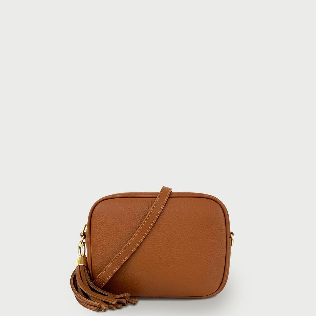 Apatchy London Tan Leather Crossbody Bag With Orange & Tan Check Strap