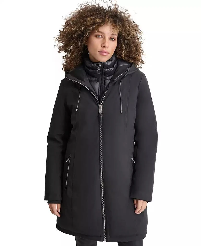 DKNY Womens Hooded Bibbed Zip-Front Puffer Coat 1