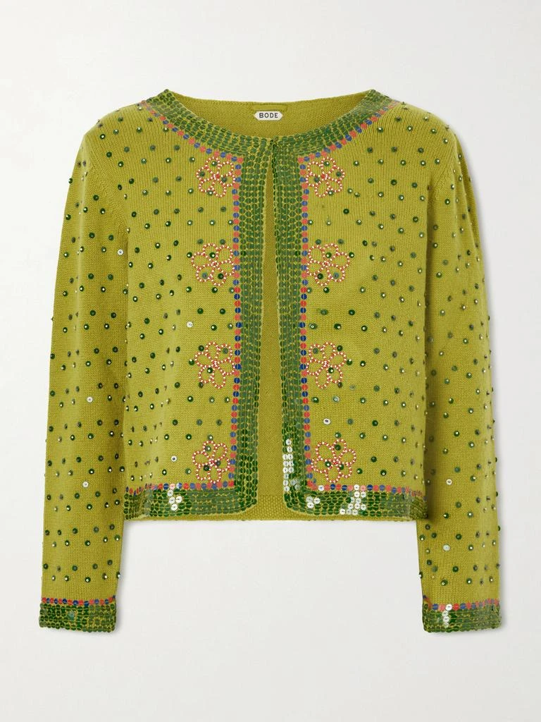BODE Fairy Floss Cropped Embellished Wool And Cashmere-blend Cardigan - Lime green