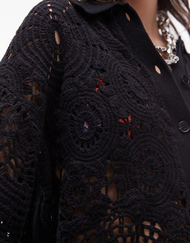 Topshop Topshop knitted crochet look polo shirt in black 3