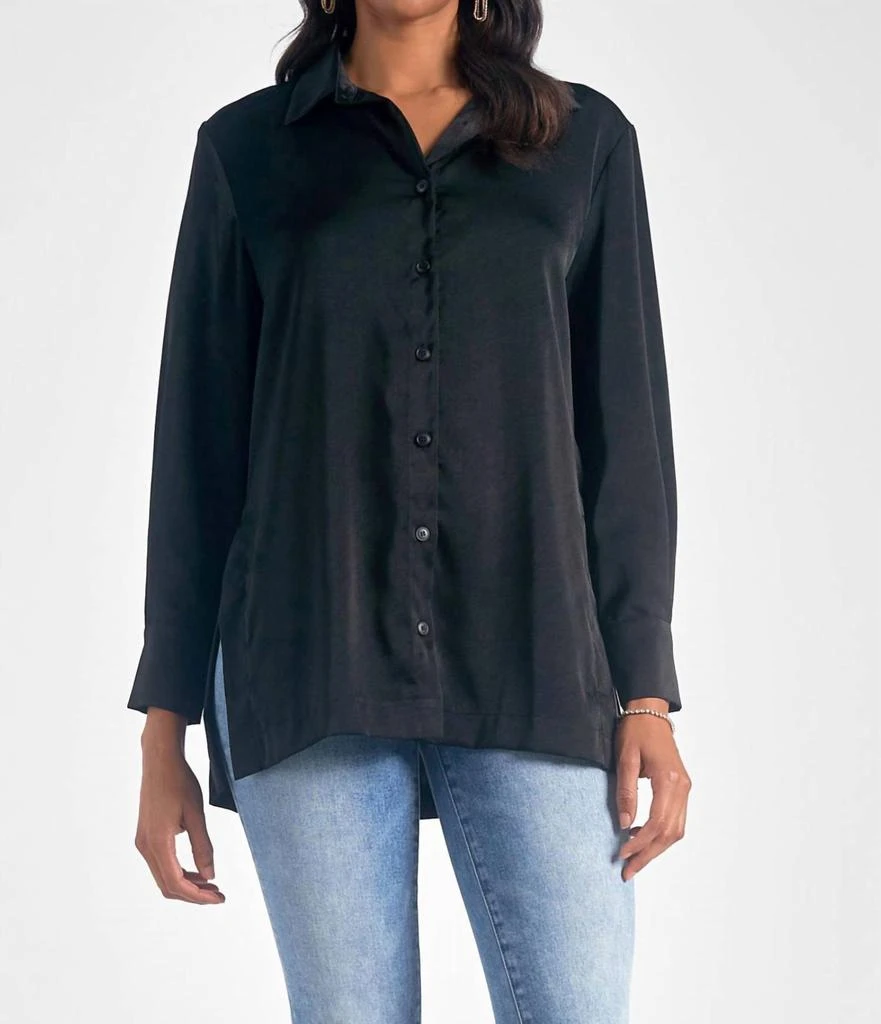 Elan High Side Slit Button Down Shirt In Black 1