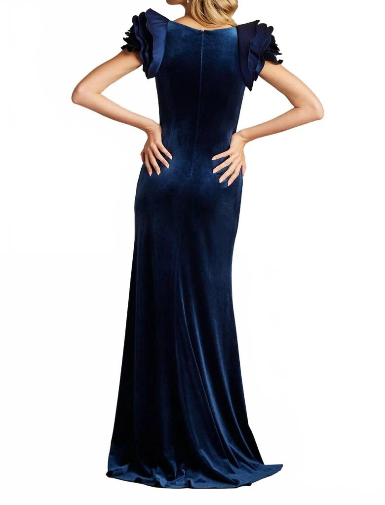 Tadashi Shoji Maylee Rosette Shoulder Velvet Gown In Navy 3