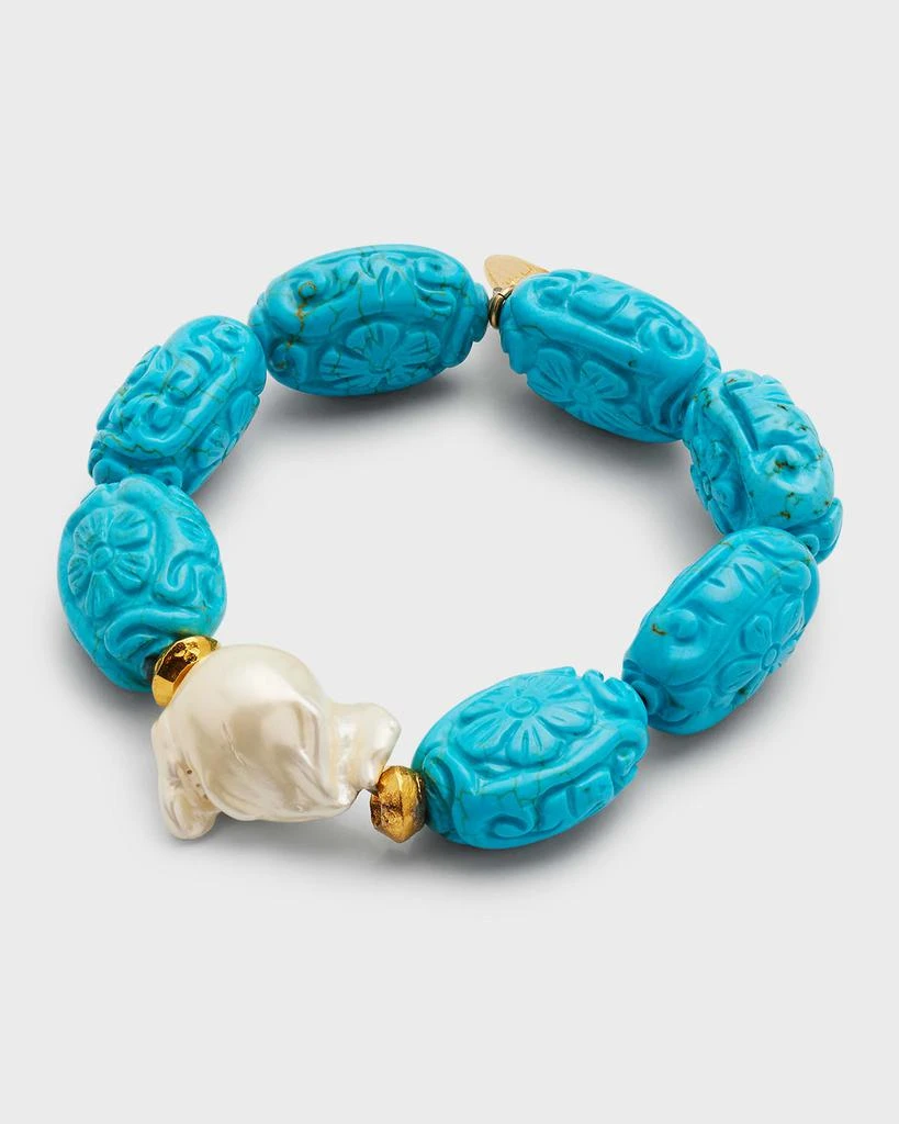 Devon Leigh Pearl and Carved Turquoise-Colored Stretch Bracelet 4