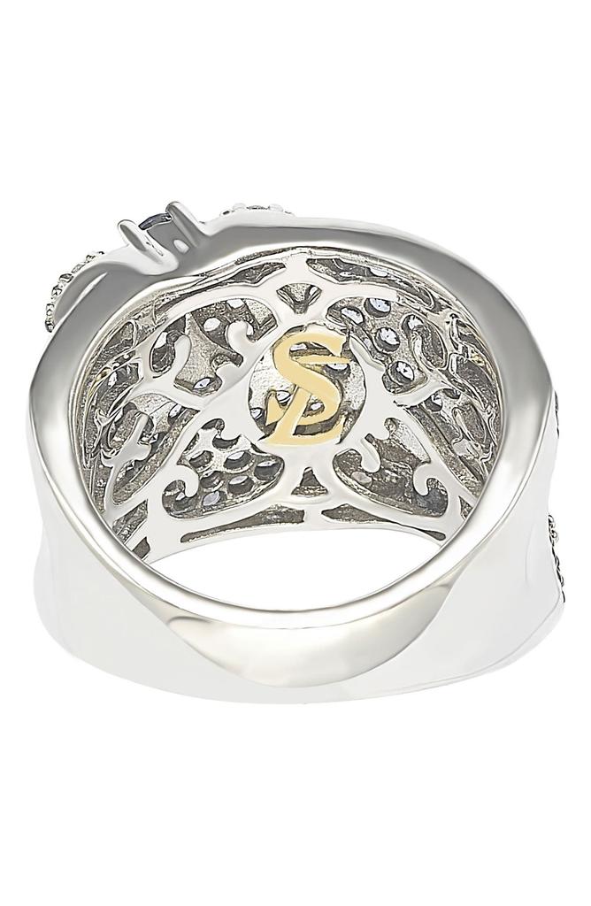 Suzy Levian 18K Gold & Sterling Silver Pavé Blue & Created White Sapphire Diamond Accent Floral Band Ring - 0.02 ctw