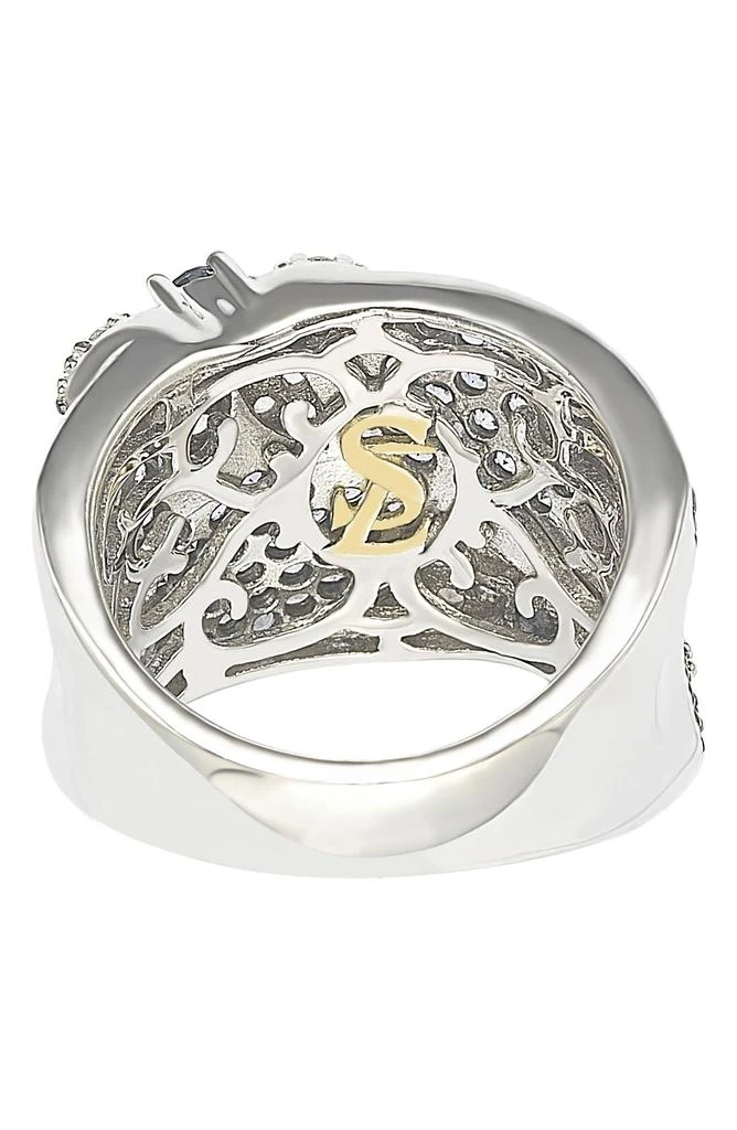 Suzy Levian 18K Gold & Sterling Silver Pavé Blue & Created White Sapphire Diamond Accent Floral Band Ring - 0.02 ctw 2