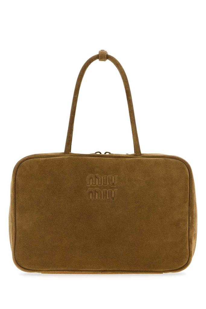 【関税&送料込】Miu Miu Beige Suede Handbag Shop Miu Miu Logo-Embossed Zipped Handbag on Sale at