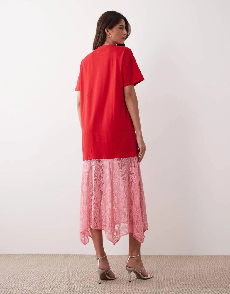 Never Fully Dressed Never Fully Dressed oversized jersey t-shirt lace skirt maxi dress in red and pink 2