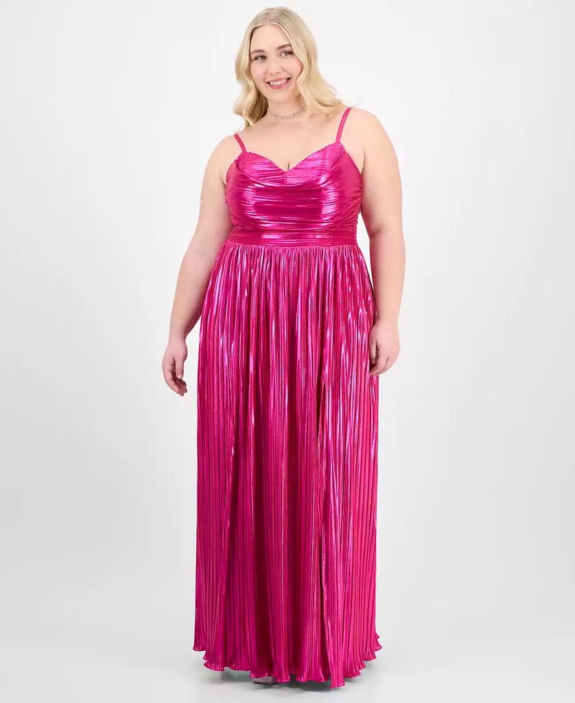 City Studios Trendy Plus Size Pleated Metallic Sleeveless Gown