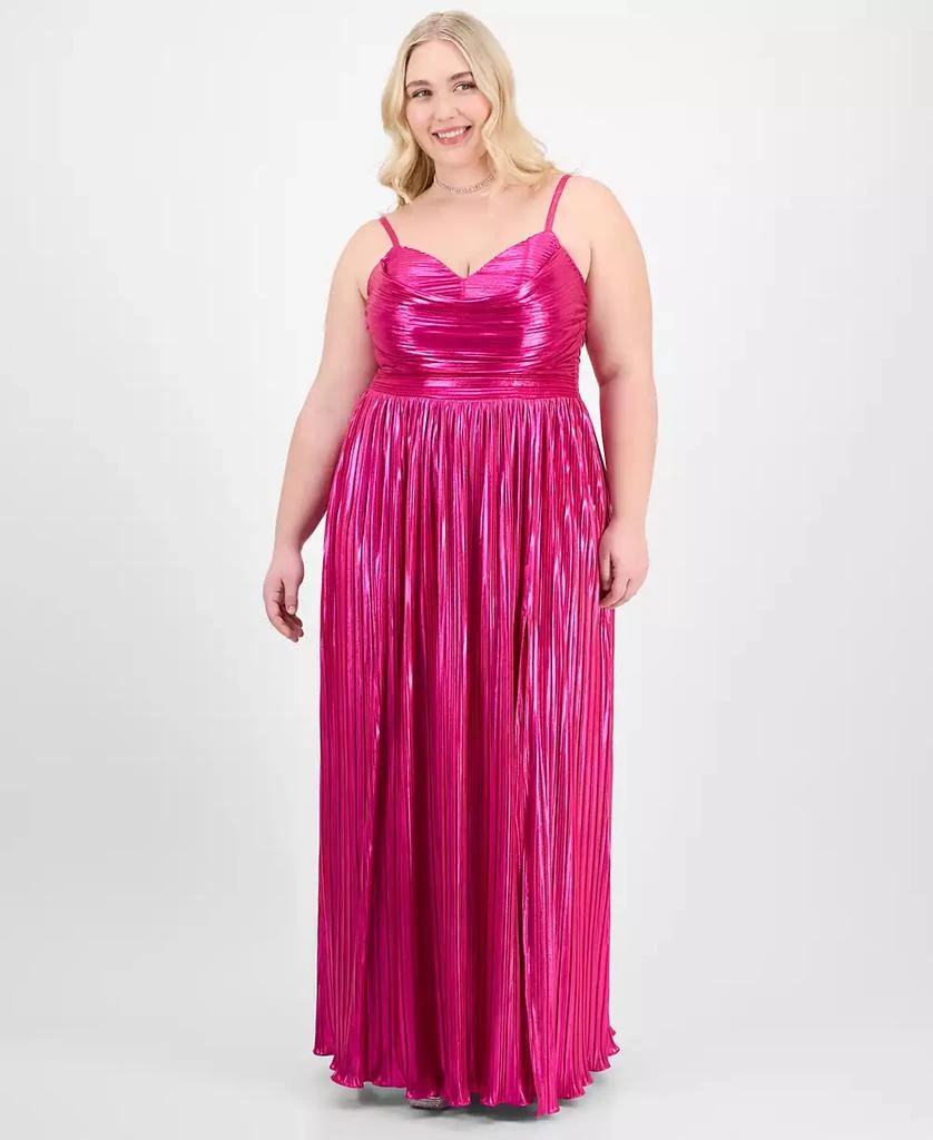 City Studios Trendy Plus Size Pleated Metallic Sleeveless Gown 1