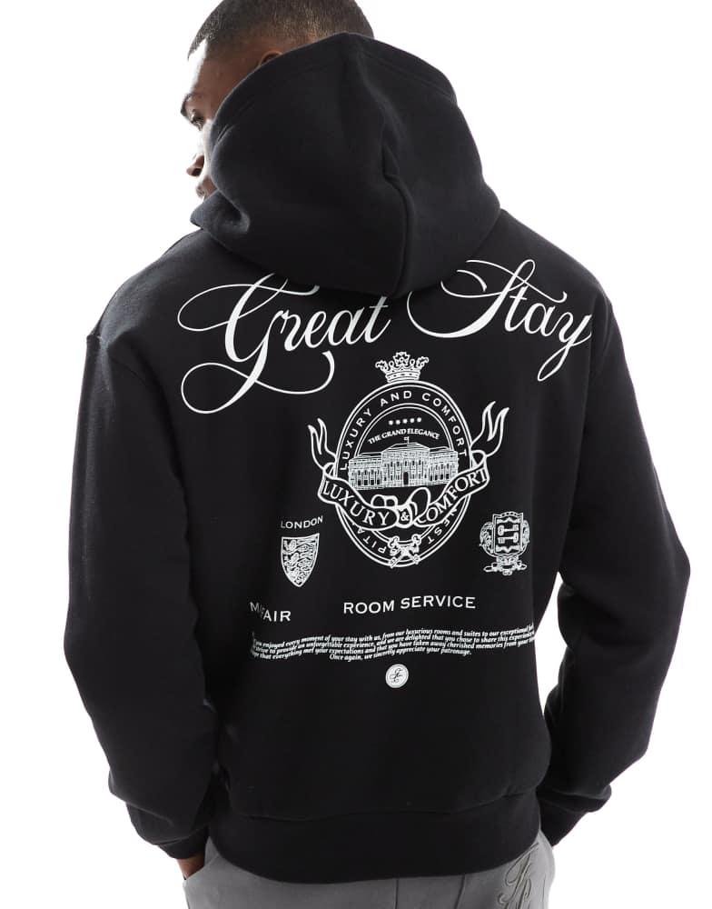 Shop Bershka Hotel Llaves back printed hoodie in black on Sale at