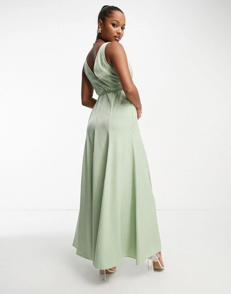 ASOS ASOS DESIGN Petite Bridesmaid satin wrap maxi dress with tie detail in sage 4