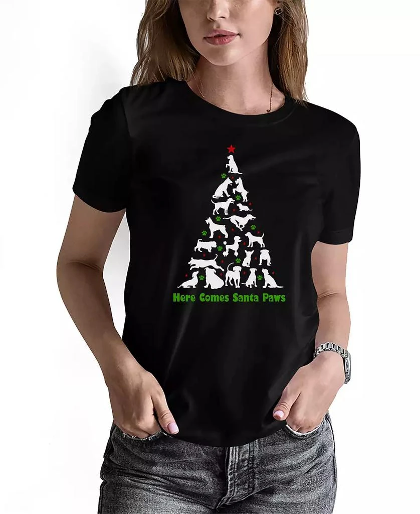 LA Pop Art Women's Here Comes Santa Paws Word Art Crew Neck T-Shirt 1