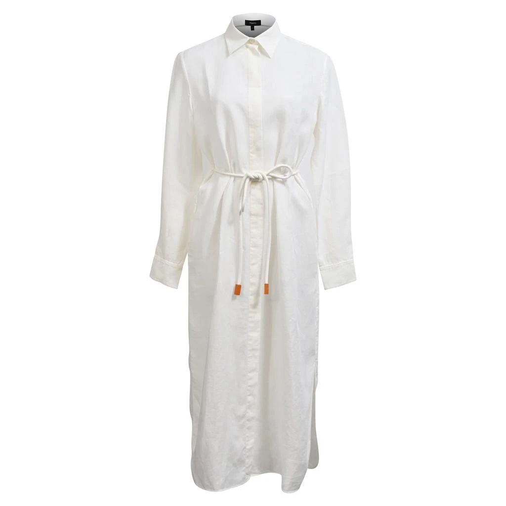 Theory Belted Maxi Shirt Dress in White Linen 1